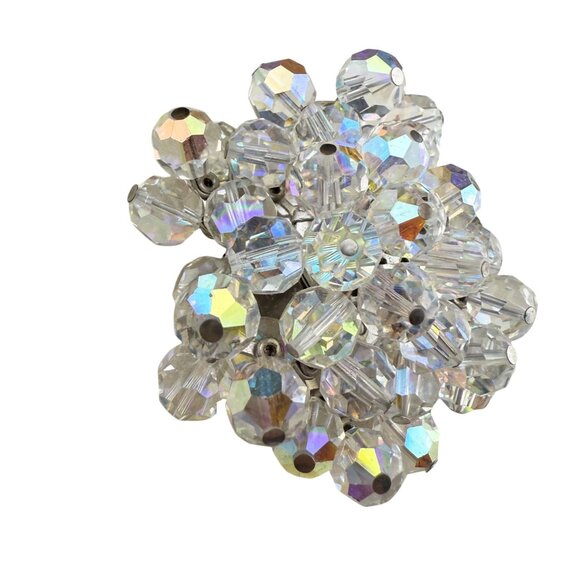Vintage Clear Aurora Borealis Glass Crystal Cluster Brooch Pin Silver Tone Jewel - Picture 2 of 6